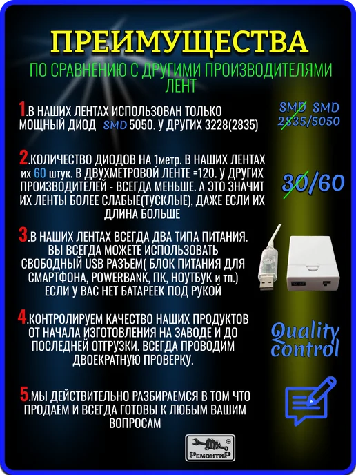 Remontir Lighting Светодиодная лента белая на батарейках, 2 метра, 2 м, фото 5