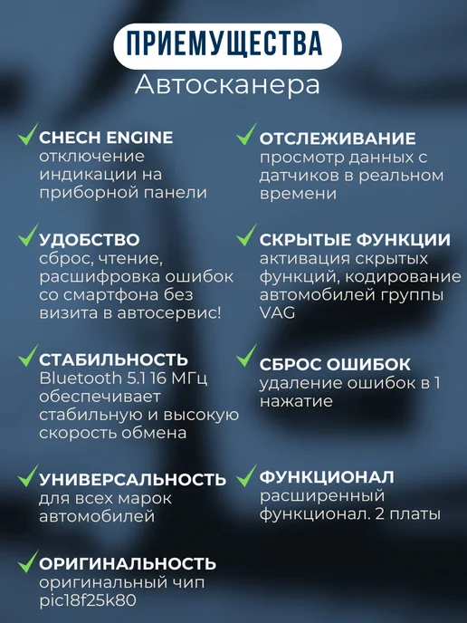 Автомобильный сканер ELM327 OBD2 с Bluetooth 5.0 для машины / Универсальный автосканер тестер для комплексной диагностики, синий, фото 3