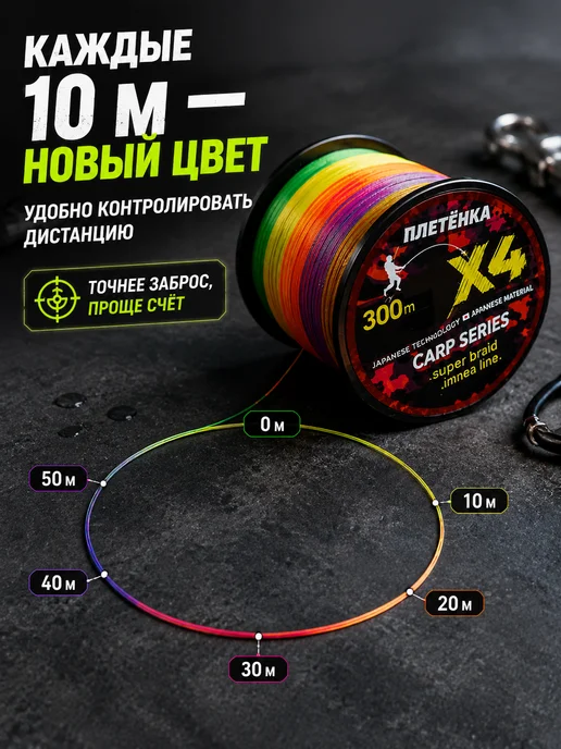 HuntKiller Плетеный шнур для рыбалки 300м 0,25 мм плетенка 4 жильная, 300 м, фото 2