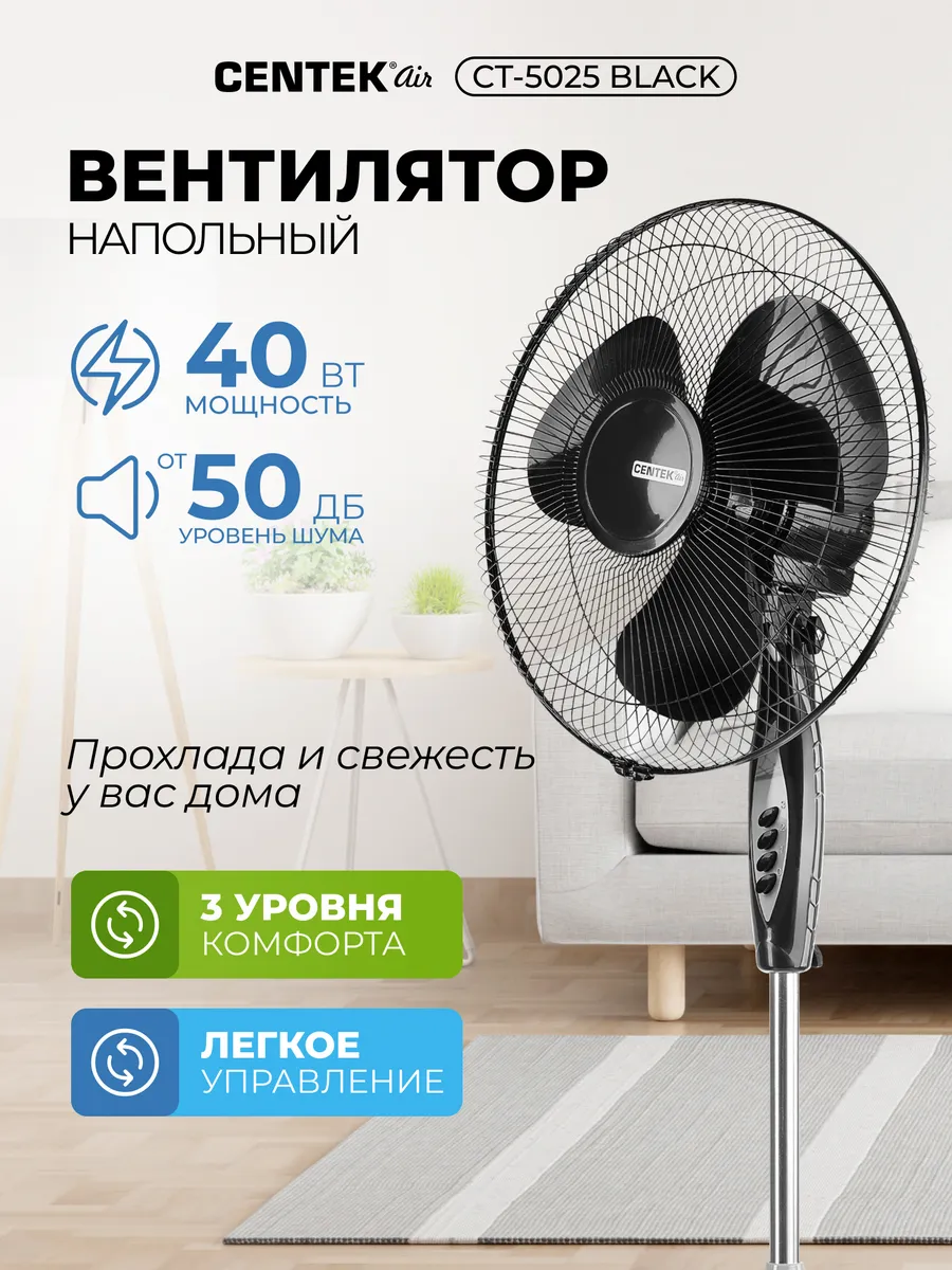 Вентилятор напольный мощный 43 см CT-5025 Black