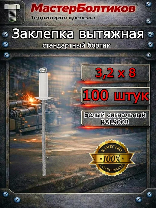 МастерБолтиков Заклепка вытяжная RAL9003 белый сигнальный 3.2х8 (100 шт), 3.2x8, 100 шт