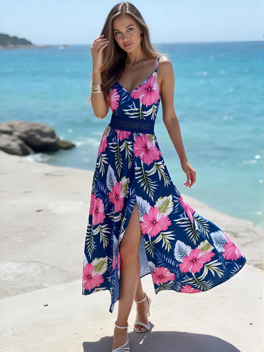 Сарафан летний миди на бретельках с разрезом