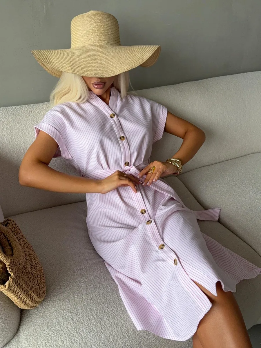 Платье рубашка летнее миди с поясом