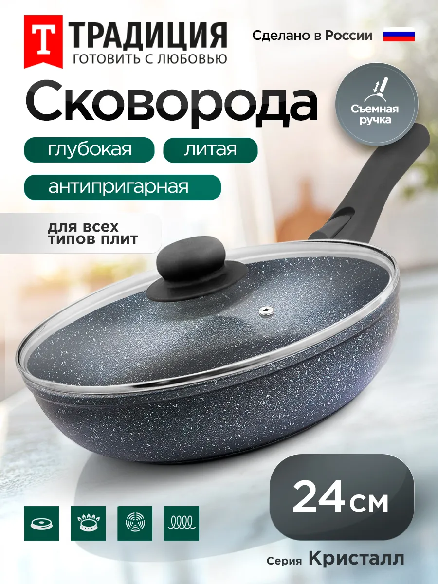 Сковорода 24 см с крышкой антипригарная со съемной ручкой