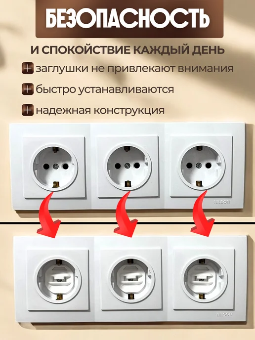 NikOS bro Заглушки для розеток от детей белые универсальные защита, белый, фото 2