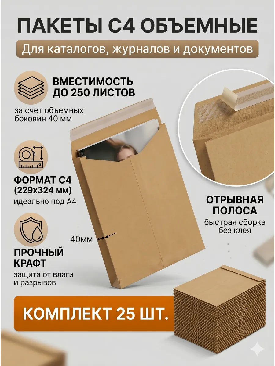 Конверт-пакеты С4, 229х324х40 мм, до 250 листов,25 шт