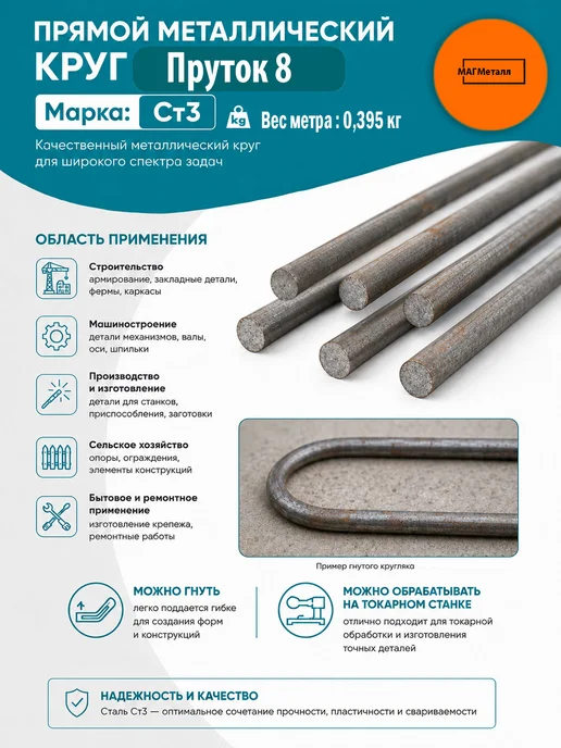 Пруток металлический круг 8мм, 1метр 1шт, 1 м, 2 шт, фото 2