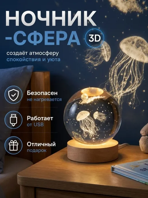 SoftAura Ночник детский Медуза 3Д шар, бежевый