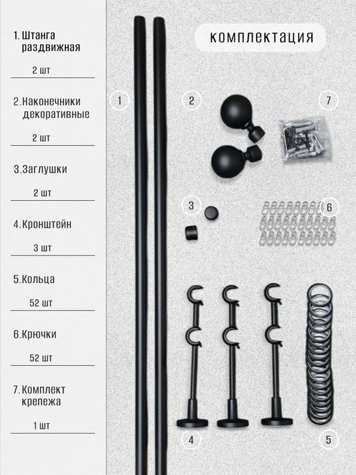 База Карнизов Карниз для штор двухрядный раздвижной, черный, фото 2