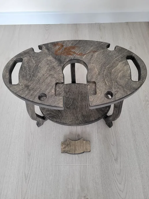 WOODTUT Столик кальянный для вина овальный с гравировкой дракон, черный, фото 7