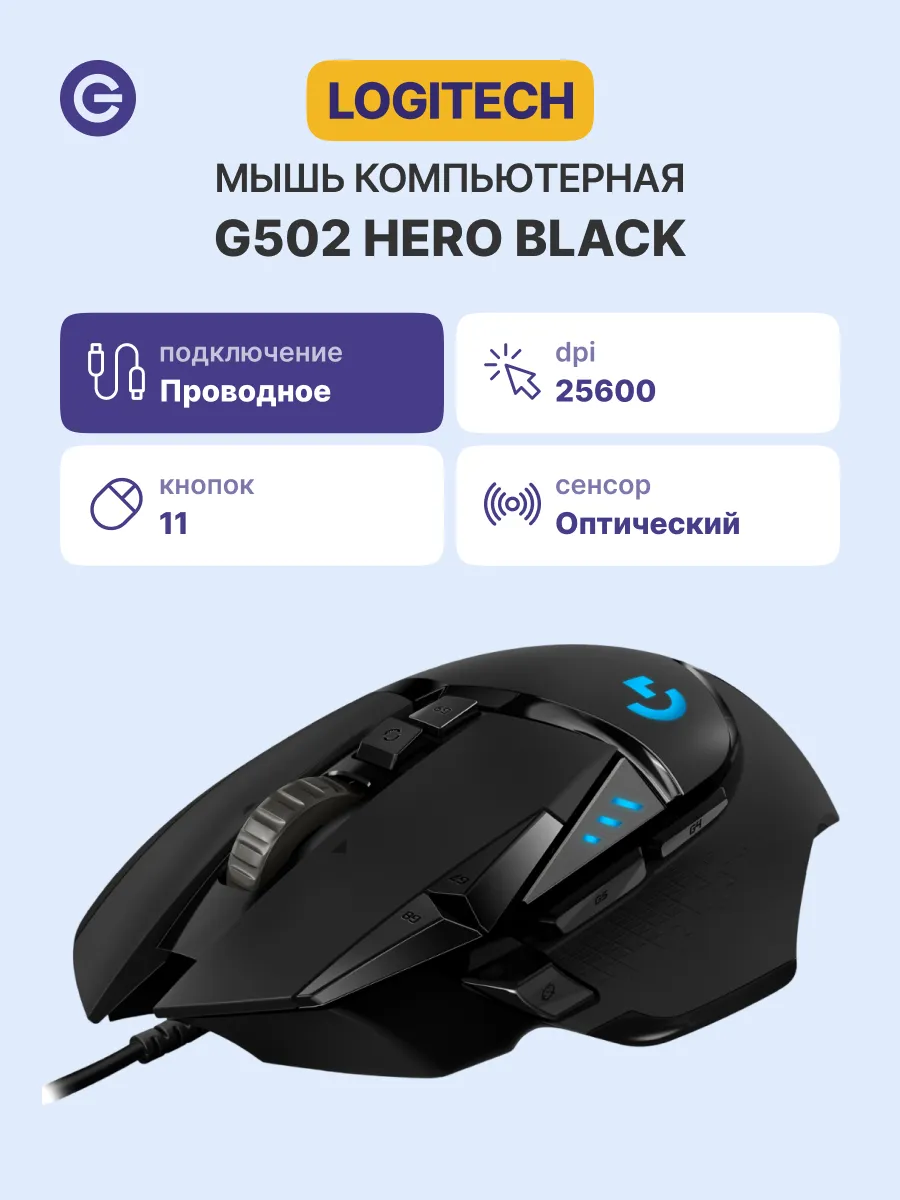 LOGITECH Мышь игровая проводная G502 HERO, черная