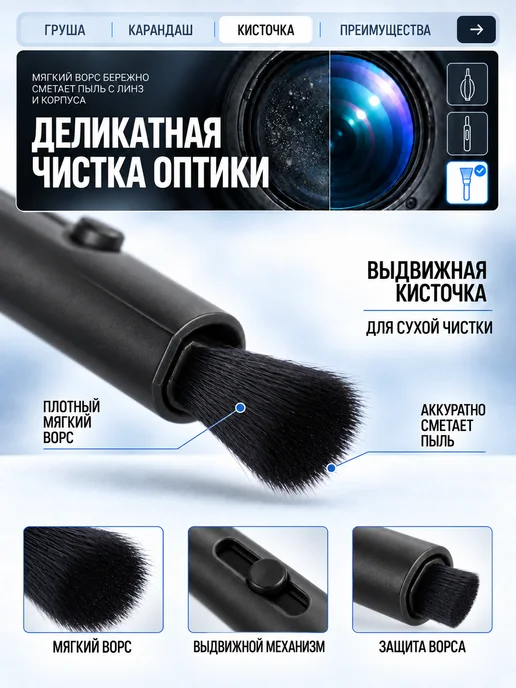 Набор для чистки оптики, для фотоаппаратов, объективов, черный, фото 4