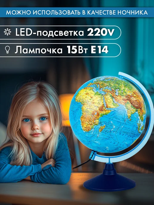 Globen Глобус физический детский для школы с подсветкой 250 мм, вариант, фото 3