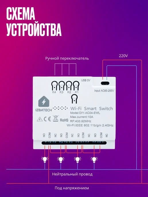 Izba Tech Умное реле с корпусом Wi-fi + RF на 4 устройства, белый, фото 8