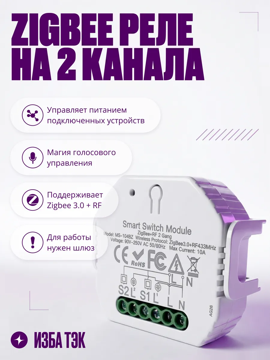 Умное реле Zigbee+RF двухканальное, 220В, с нулем