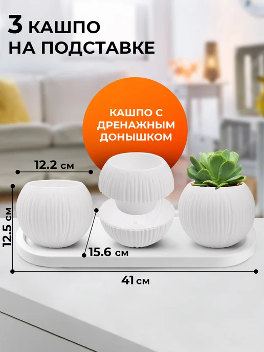 La Decoro Набор кашпо для суккулентов и кактусов на подставке 3 шт, 3 шт, фото 2