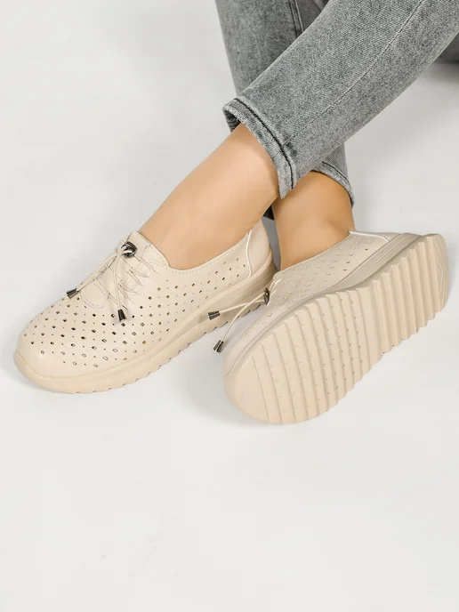 VALLIDA SHOES Туфли на широкую ногу с перфорацией, бежевый, фото 4