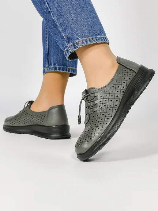 VALLIDA SHOES Туфли на широкую ногу с перфорацией, серый, фото 4