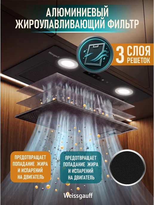 Вытяжка кухонная встраиваемая Weissgauff Box 1000 BL Sensor , Производительность 1000 м3/ч, 3 скорости, Низкий уровень шума, Режимы отвод и циркуляция, Сенсорный блок управления, черный, фото 7