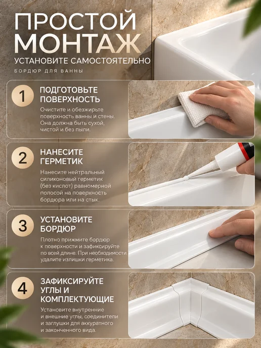 Ideal Бордюр для ванны 14х14мм, 6 шт, Белый, 14x14 мм, 6 шт, фото 6