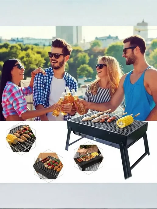 Kitchen Essentials Мангал для шашлыка складной разборный с решеткой подарочный, черный, фото 3