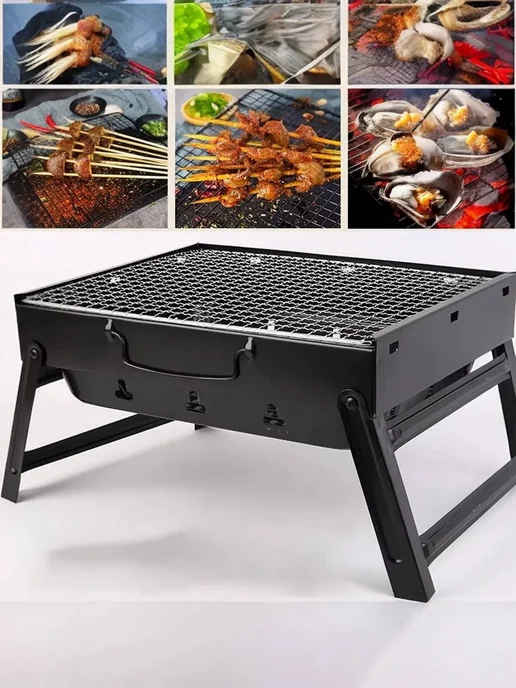 Kitchen Essentials Мангал для шашлыка складной разборный с решеткой подарочный, черный, фото 5