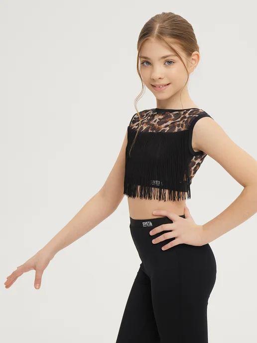 Sveta Dance Fashion Топ для танцев с сеткой и кистями, черный, фото 5
