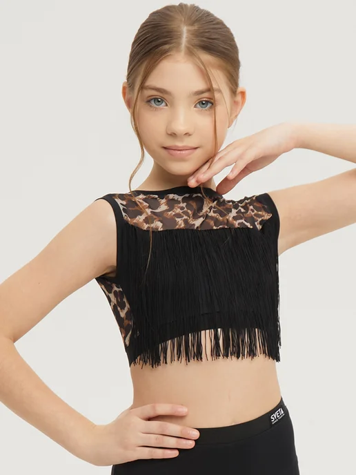 Sveta Dance Fashion Топ для танцев с сеткой и кистями, черный, фото 7
