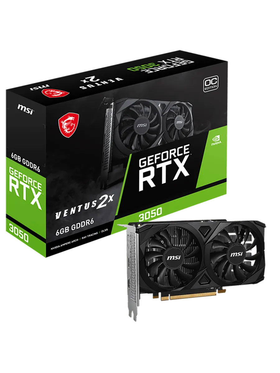 MSI Видеокарта RTX 3050 6 ГБ RTL (RTX 3050 VENTUS 2X E 6G OC)