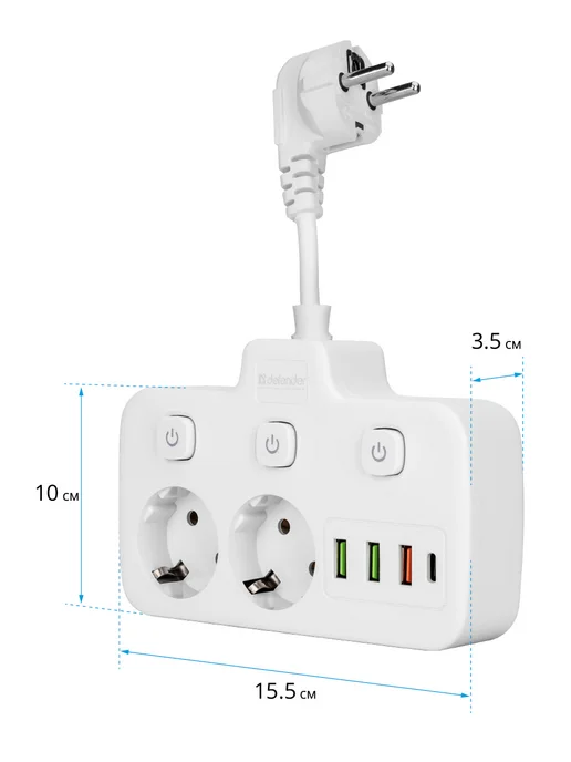 DEFENDER Удлинитель сетевой 2 розетки, USB, type-c, белый, фото 5