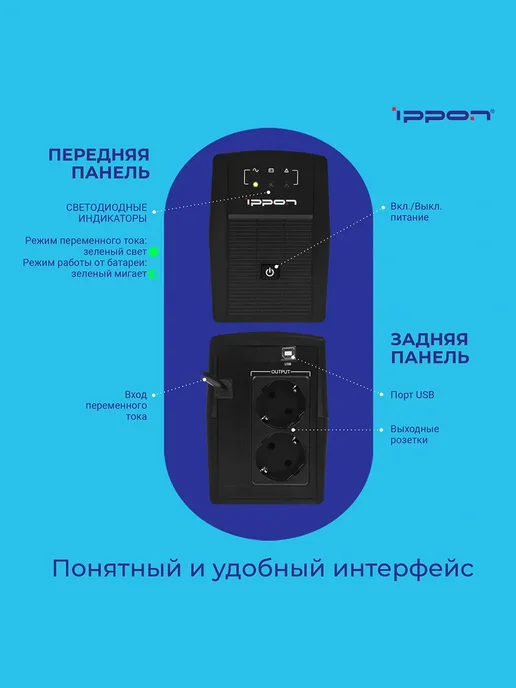 Ippon Бесперебойник для компьютера Back Basic 650 Euro, вариант, фото 5