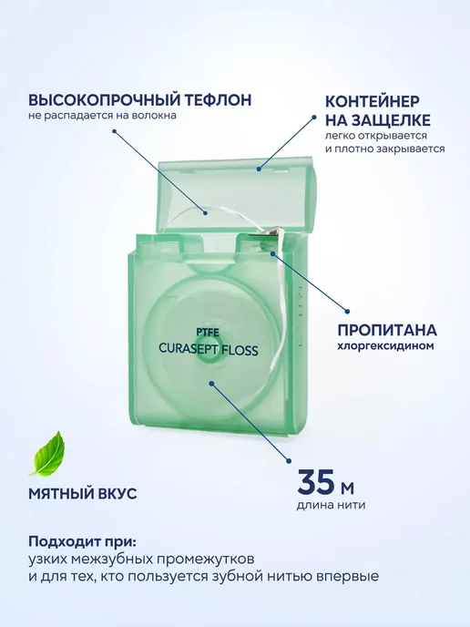 CURASEPT Зубная нить вощеная мятная PTFE Курасепт 35м, 35 м, фото 2
