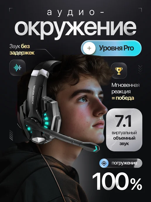 Наушники проводные для пк с микрофоном, большие игровые, черный, фото 4