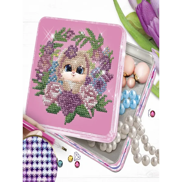 Алмазная вышивка на шкатулке "Зайка в цветах" 14*13,6 см