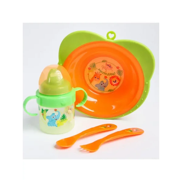 Набор посуды Зоопарк: тарелка, поильник, вилка, ложка