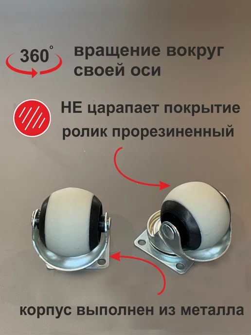 Колеса для мебели поворотное на площадке ШАР d-40мм, серый, фото 3