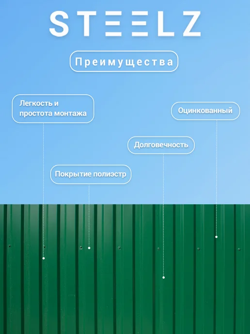 Steelz Профлист МП20 2000 х 1150 х 0,35 мм зеленый 6005, 100 ш, 2000x1150, фото 2