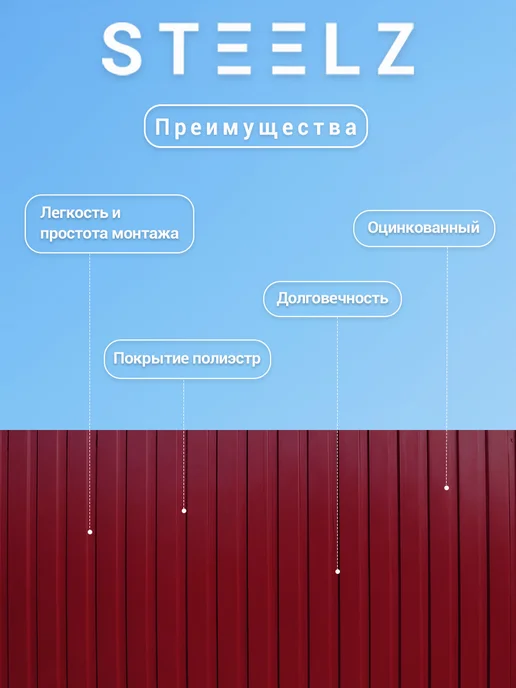 Steelz Профлист МП20 2000 х 1150 х 0,35 мм красный 3005, 100 ш, 2000x1150, фото 2