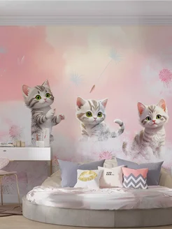 300х270 3D Детские фотообои милые котики и одуванчики Ах, Уют! 334903397 купить за 5 320 ₽ в интернет-магазине Wildberries