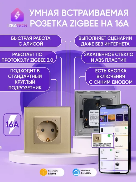 Izba Tech Умная встраиваемая серая розетка Zigbee, золотой