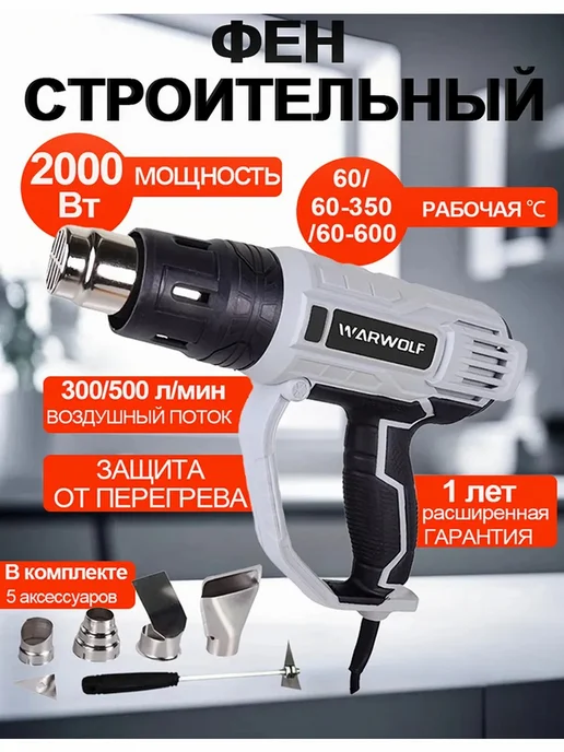 Фен строительный с насадками ФЭ-2000КР, синий