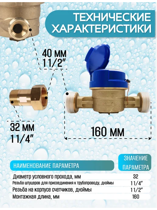 ЭКОМЕРА Счетчики воды 32Х (160мм) одноструйный для холодной, белый, фото 2