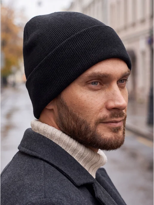 Bro Hats Шапка бини осенняя вязаная с отворотом, черный, фото 2