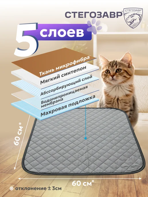 СТЕГОЗАВР Многоразовые пеленки для животных 60х60 см 2 шт, 60x60 см, 2 шт, фото 2