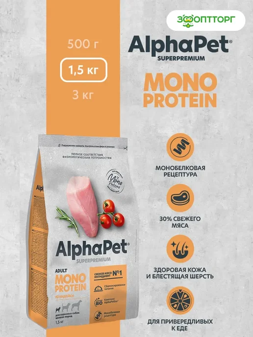 Сухой корм AlphaPet Monoprotein для собак, мелкие, индейка, 1,5 кг