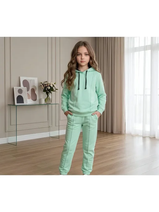 Blossom kids Спортивный костюм детский однотонный со строчкой, зеленый, фото 4