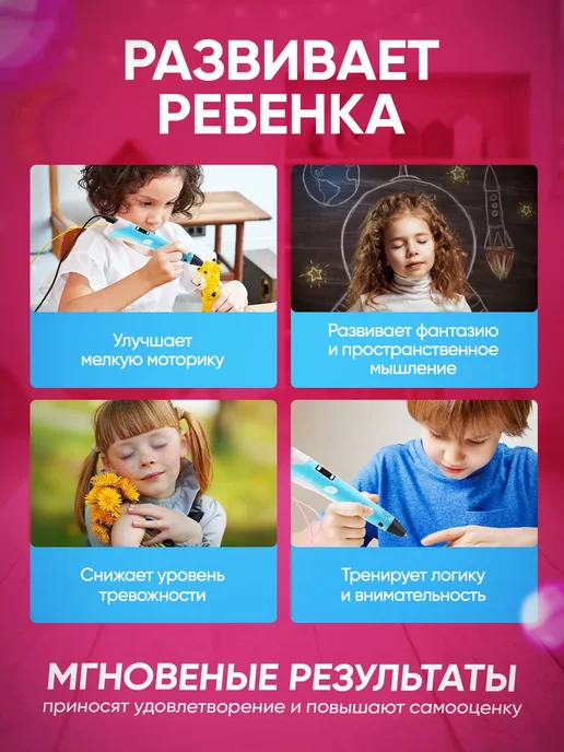 3D ручка набор со светящимся пластиком и трафаретами, голубой, фото 2