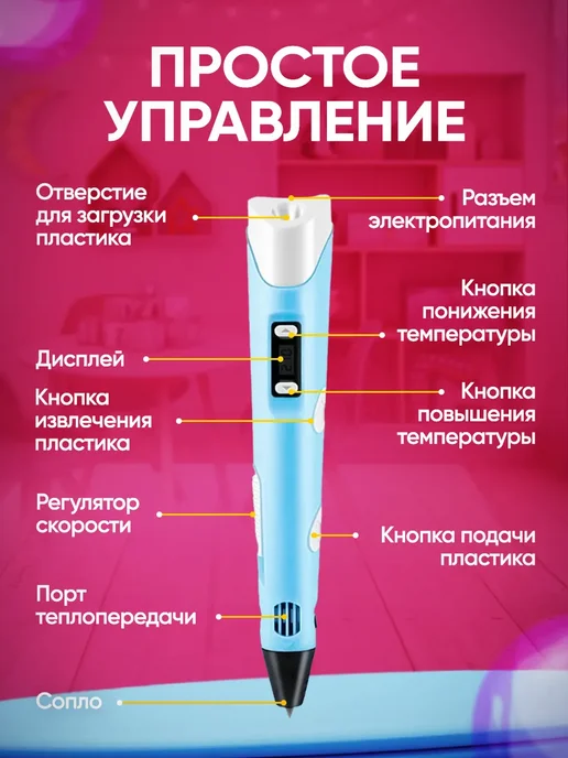 3D ручка набор со светящимся пластиком и трафаретами, голубой, фото 7