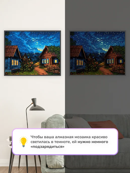 Алмазныи ряд Светящаяся алмазная мозаика на подрамнике 40х50 см Деревня, 40x50 см, фото 3