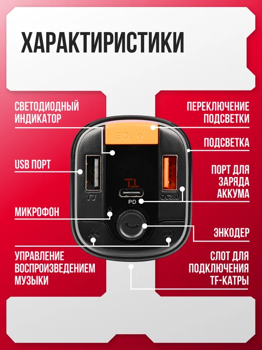 URAL Автомобильный FM трансмиттер блютуз УРАЛ ТТ ФМТ-ТТ01, вариант, фото 3